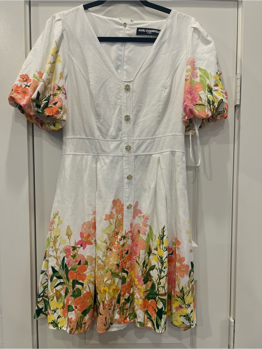Karl Lagerfeld White Floral Button-Front Puff Sleeve Mini Dress
